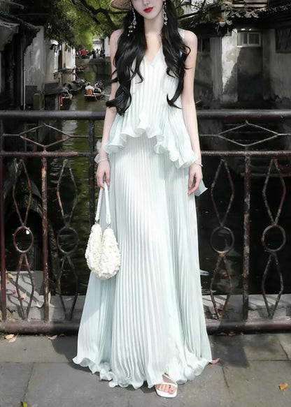 Style Sky Blue Ruffled Wrinkled Chiffon Holiday Dress Sleeveless