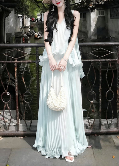 Style Sky Blue Ruffled Wrinkled Chiffon Holiday Dress Sleeveless
