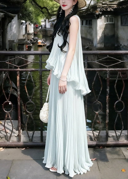 Style Sky Blue Ruffled Wrinkled Chiffon Holiday Dress Sleeveless