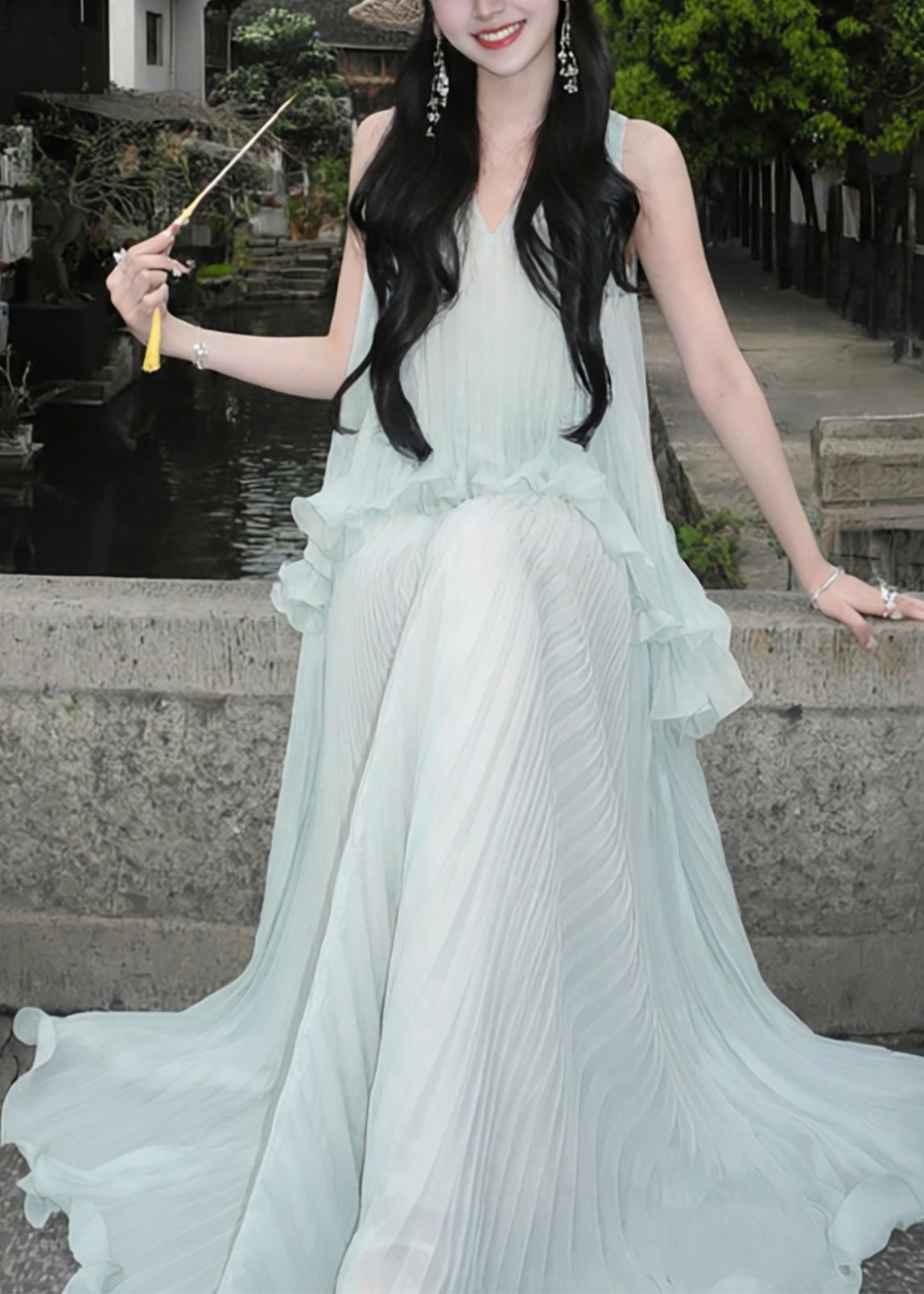 Style Sky Blue Ruffled Wrinkled Chiffon Holiday Dress Sleeveless