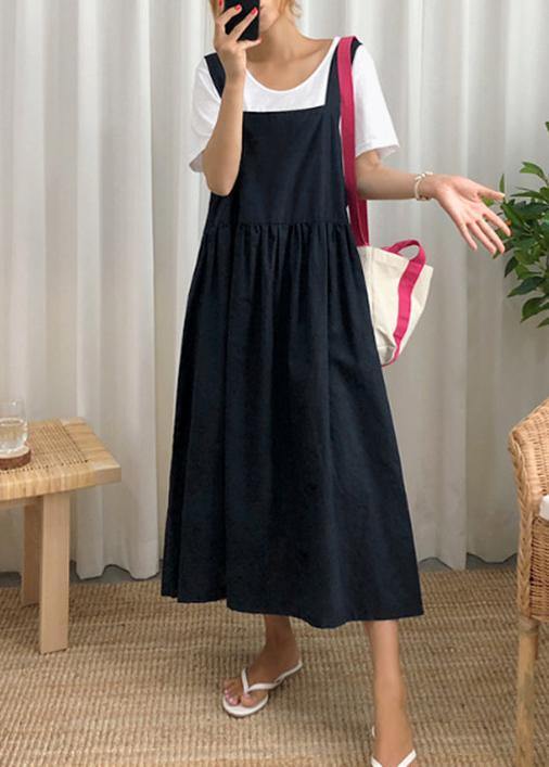 2021 Style Spaghetti Strap Cinched linen cotton clothes For Women Sewing black Dress - SooLinen