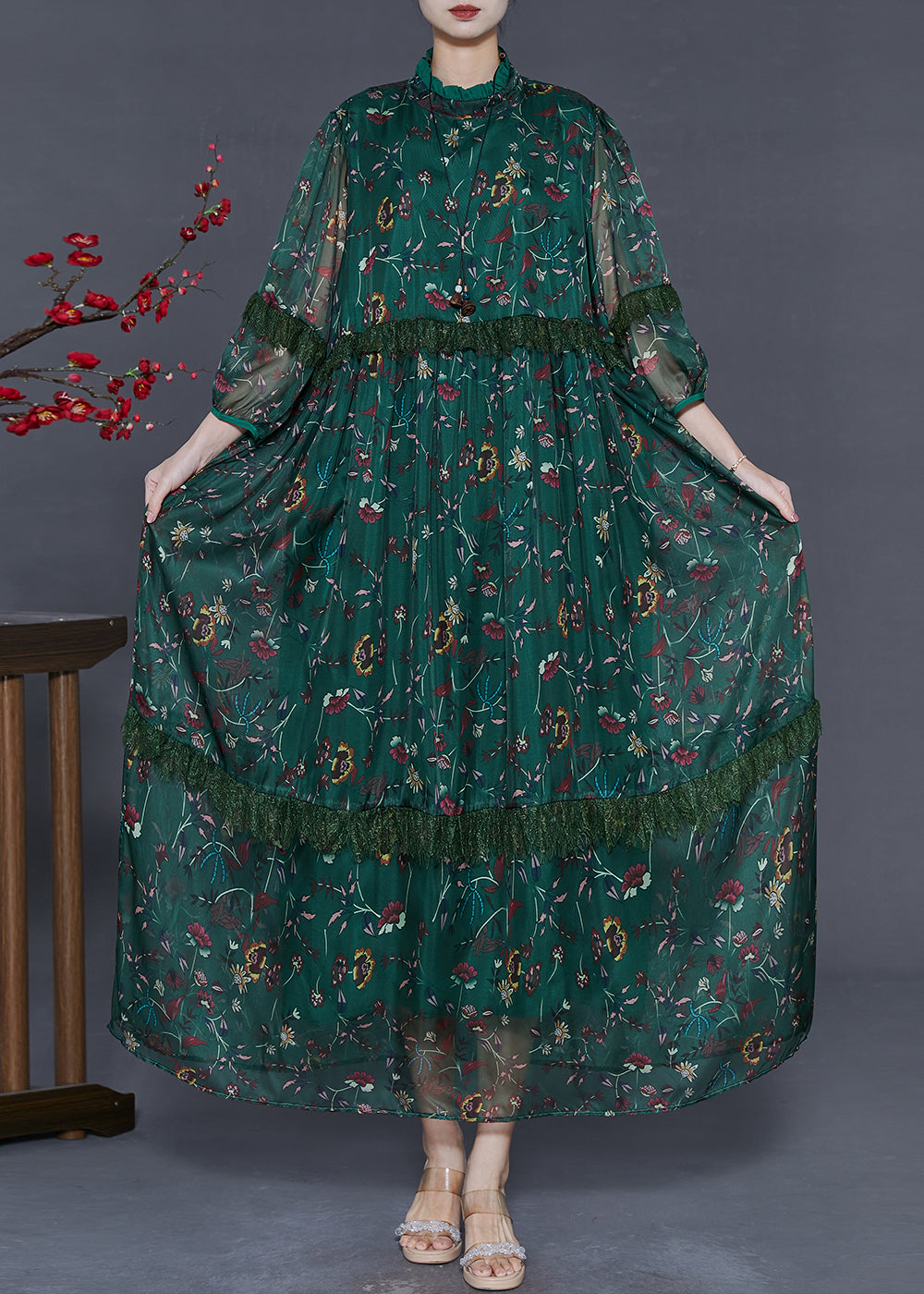 Style Tea Green Print Chiffon Ankle Dress Bracelet Sleeve