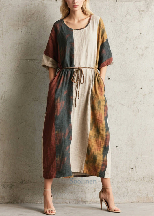 Style Tie Waist Patchwork Cotton Dress Half Sleeve