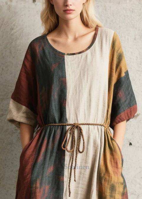 Style Tie Waist Patchwork Cotton Dress Half Sleeve