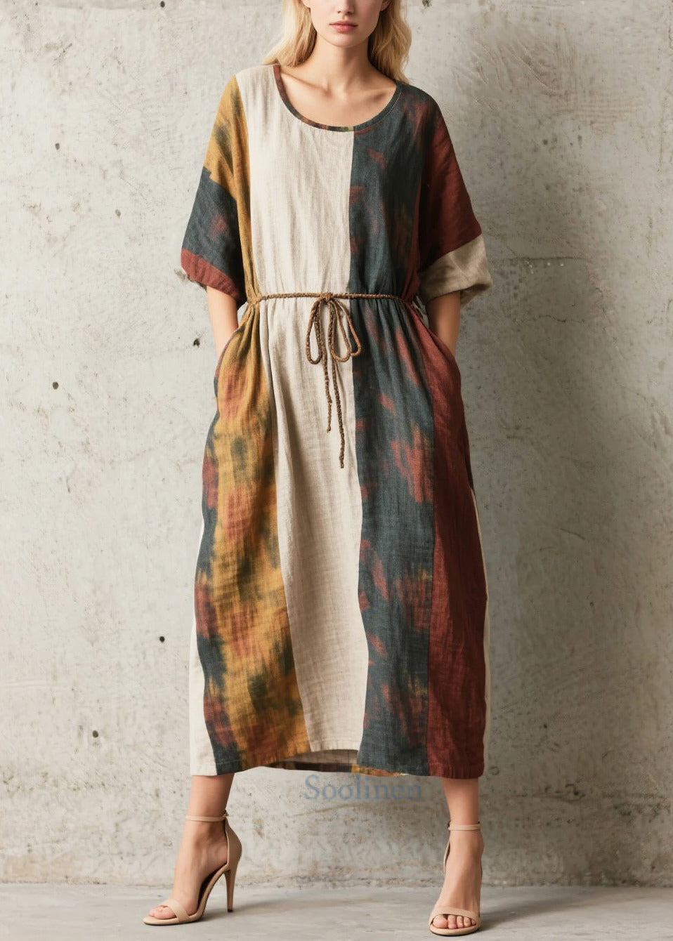 Style Tie Waist Patchwork Cotton Dress Half Sleeve