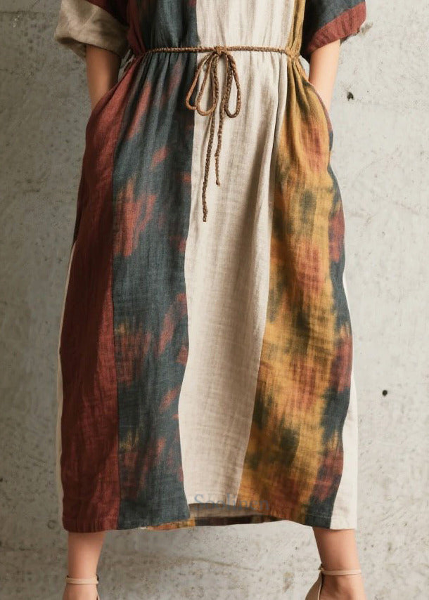 Style Tie Waist Patchwork Cotton Dress Half Sleeve