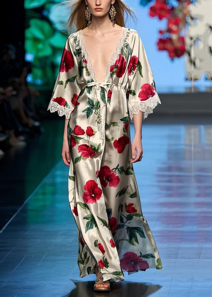 Style V Neck Floral Print Silk Holiday Dresses Summer