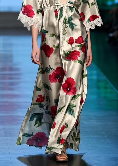 Style V Neck Floral Print Silk Holiday Dresses Summer
