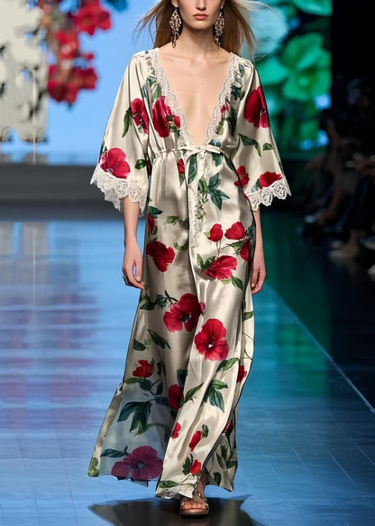 Style V Neck Floral Print Silk Holiday Dresses Summer