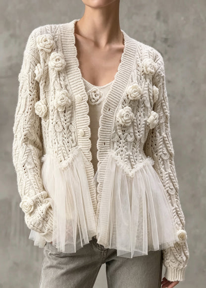 Style V Neck Floral Tulle Patchwork Knit Two Pieces Set Fall