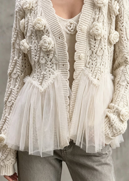 Style V Neck Floral Tulle Patchwork Knit Two Pieces Set Fall