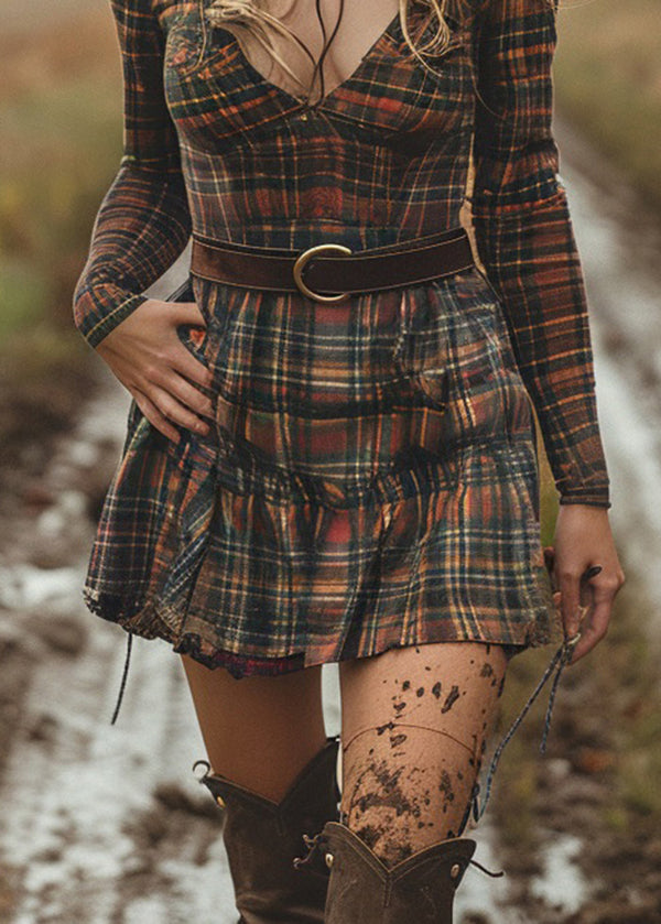 Style V Neck Plaid Cotton Mini Dress Long Sleeve