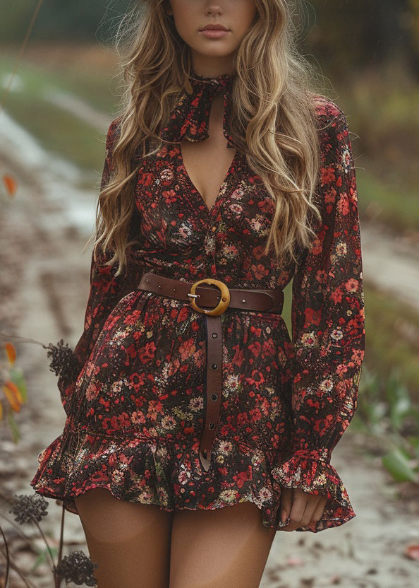 Style V Neck Ruffled Print Cotton Mini Dress Long Sleeve