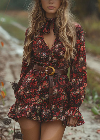 Style V Neck Ruffled Print Cotton Mini Dress Long Sleeve