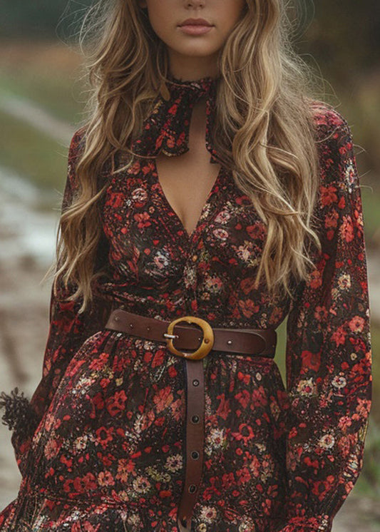 Style V Neck Ruffled Print Cotton Mini Dress Long Sleeve