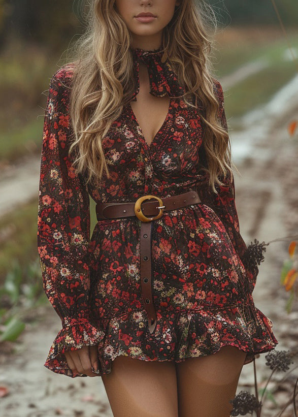 Style V Neck Ruffled Print Cotton Mini Dress Long Sleeve