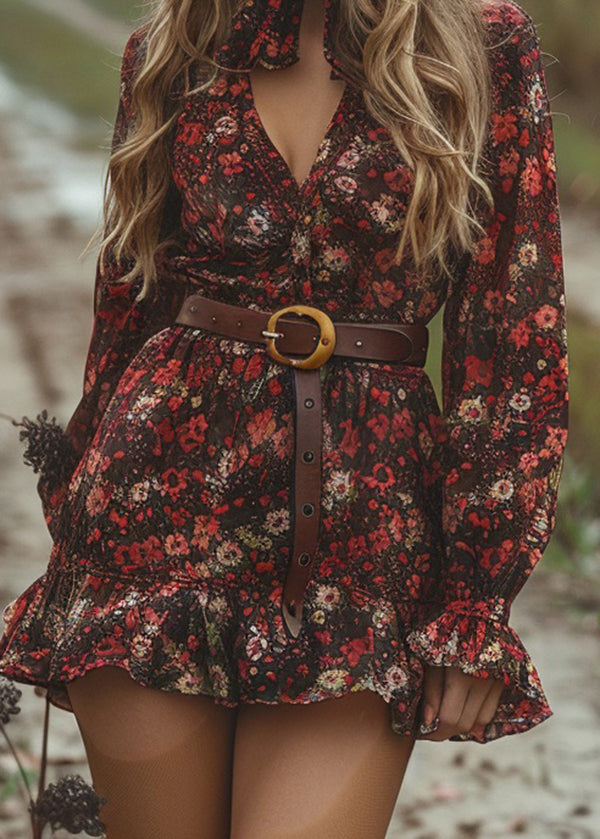 Style V Neck Ruffled Print Cotton Mini Dress Long Sleeve