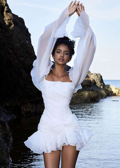 Style White Cold Shoulder Ruffles Chiffon Mini Dresses Lantern Sleeve