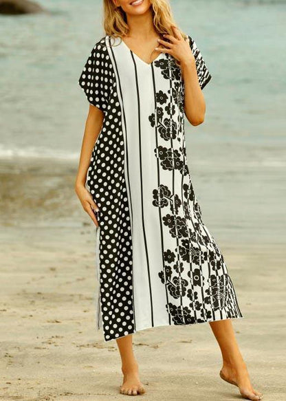 Style White Dot Floral V Neck Cotton Loose Beach Gown  Mid Dress - SooLinen