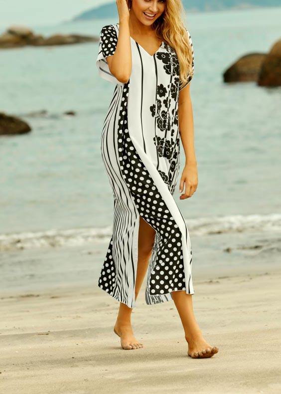 Style White Dot Floral V Neck Cotton Loose Beach Gown  Mid Dress - SooLinen
