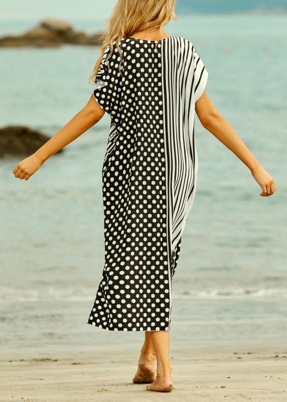 Style White Dot Floral V Neck Cotton Loose Beach Gown  Mid Dress - SooLinen