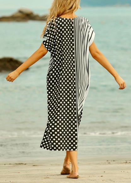 Style White Dot Floral V Neck Cotton Loose Beach Gown  Mid Dress - SooLinen
