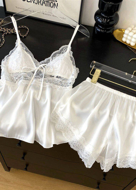Style White Lace Patchwork Backless Ice Silk Lingerie Set