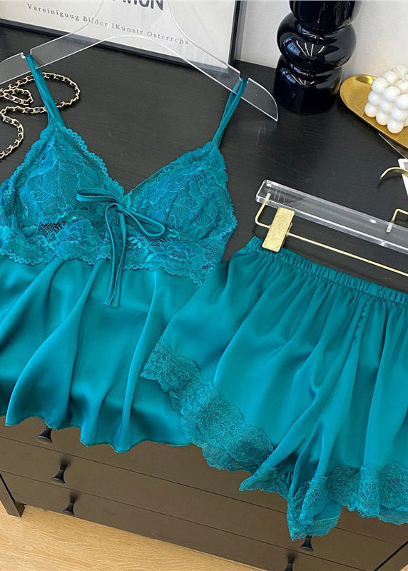 Style White Lace Patchwork Backless Ice Silk Lingerie Set