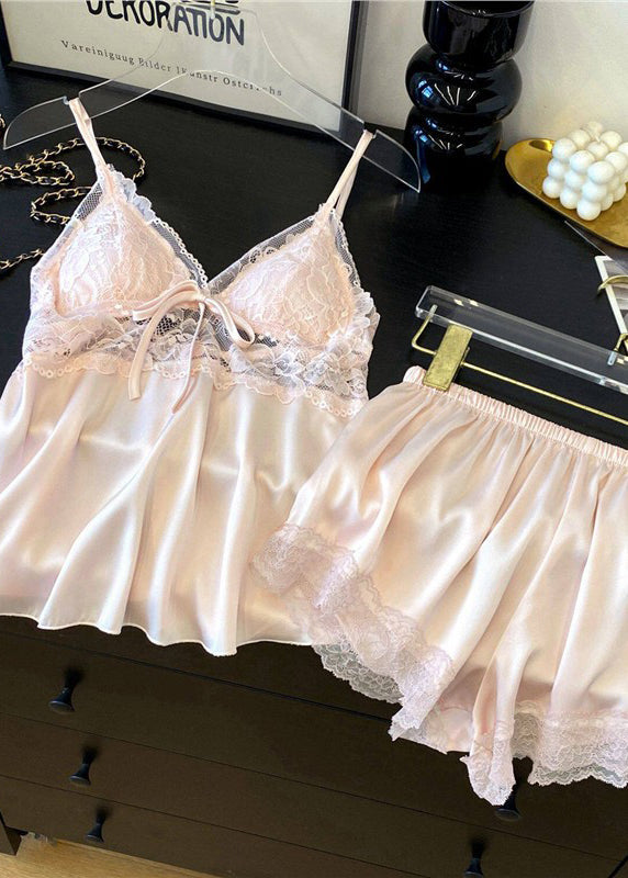 Style White Lace Patchwork Backless Ice Silk Lingerie Set