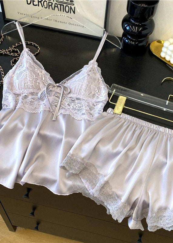 Style White Lace Patchwork Backless Ice Silk Lingerie Set