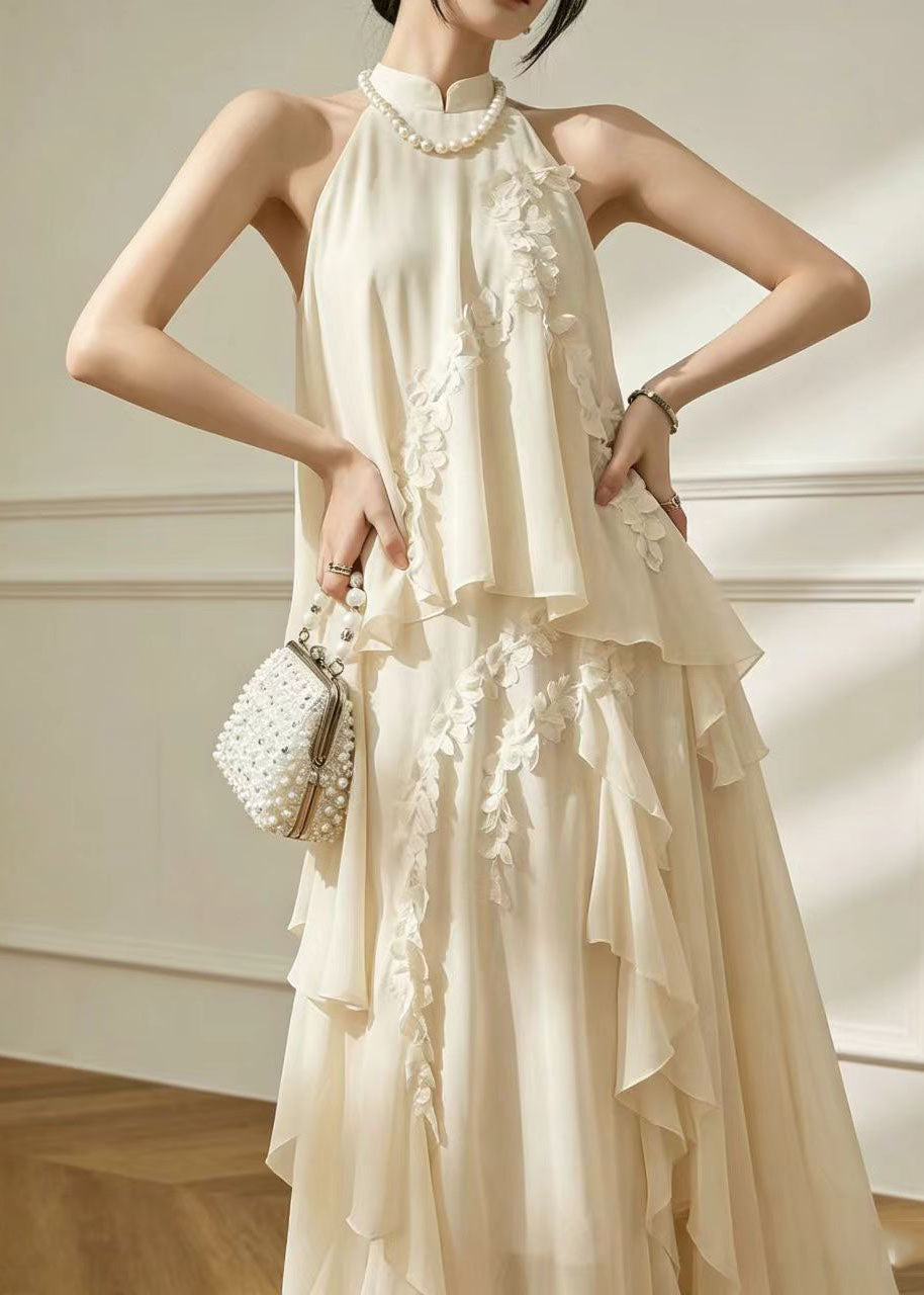 Style White Mandarin Collar Cold Shoulder Chiffon Robe Dresses Summer