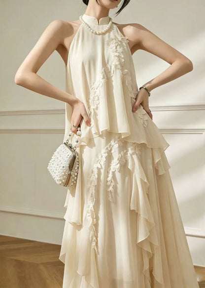 Style White Mandarin Collar Cold Shoulder Chiffon Robe Dresses Summer