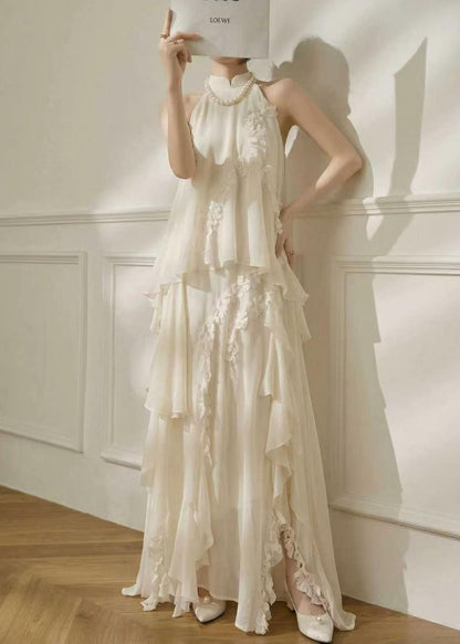 Style White Mandarin Collar Cold Shoulder Chiffon Robe Dresses Summer
