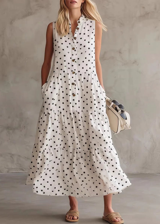 Style White O-Neck Dot Patchwork Maxi Dress Summer