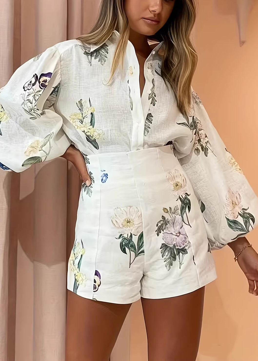 Style White Oversized Print Cotton Women Sets 2 Pieces Summer