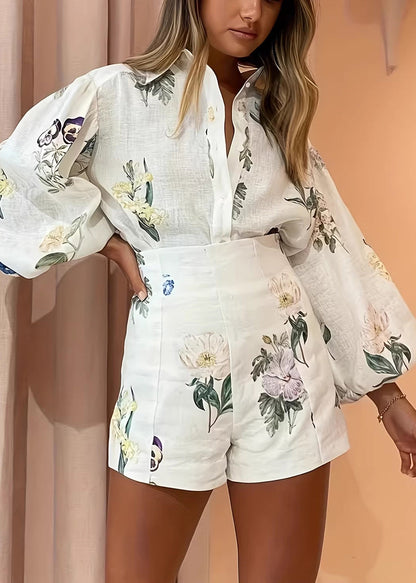 Style White Oversized Print Cotton Women Sets 2 Pieces Summer