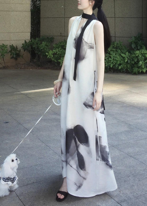 Style White Oversized Tie Dye Chiffon Halter Dress Sleeveless