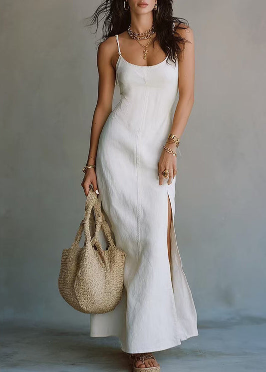 Style White Patchwork Side Open Long Spaghetti Strap Dress Summer