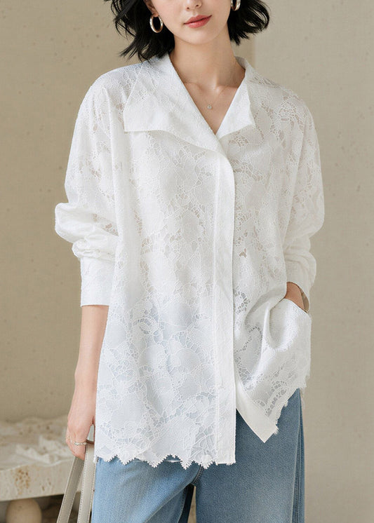 Style White Peter Pan Collar Lace Shirts Fall