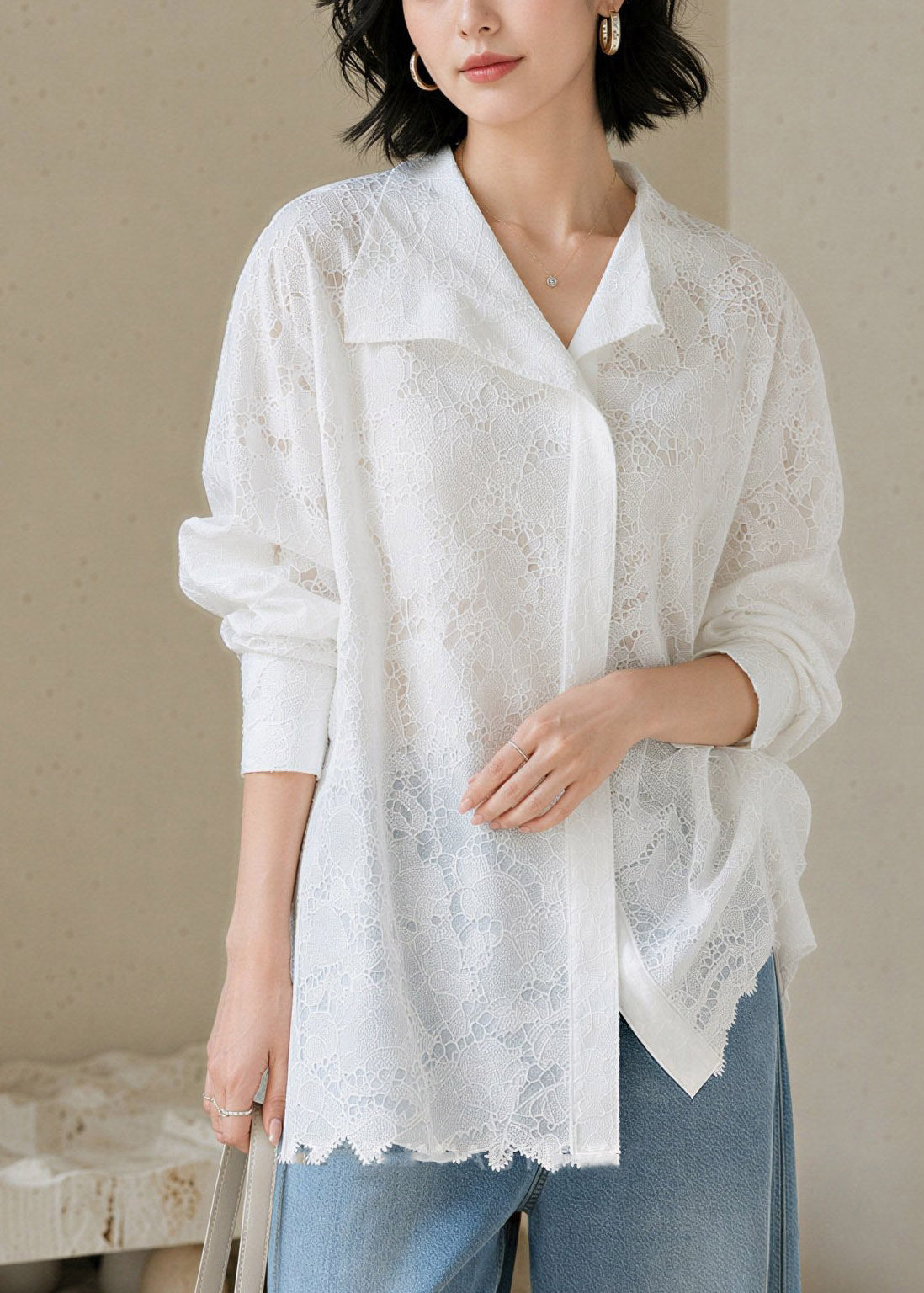 Style White Peter Pan Collar Lace Shirts Fall