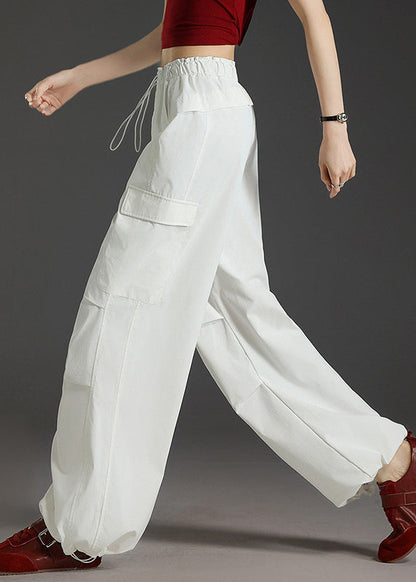 Style White Pockets Drawstring Cotton Pants Fall