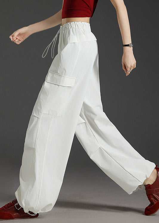 Style White Pockets Drawstring Cotton Pants Fall