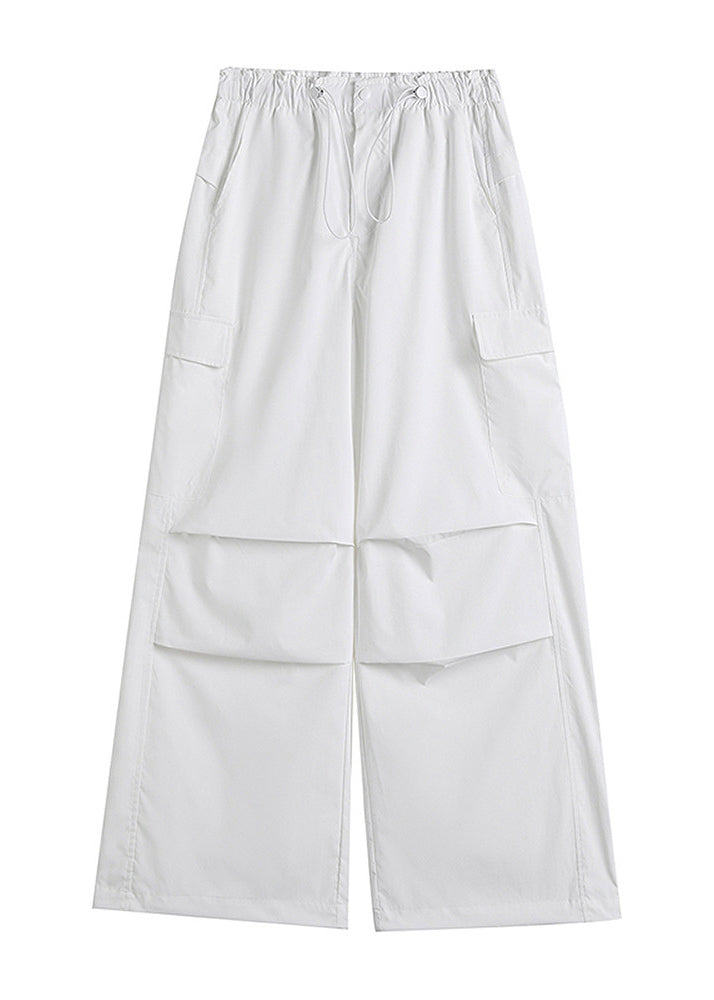 Style White Pockets Drawstring Cotton Pants Fall