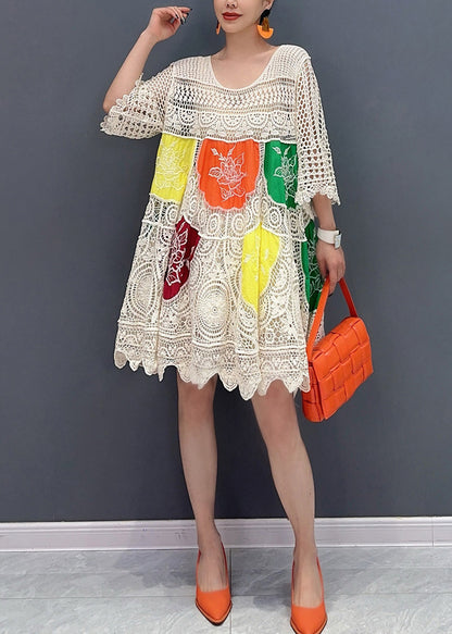 Style White Print Hollow Out Knit Mid Dress Flare Sleeve