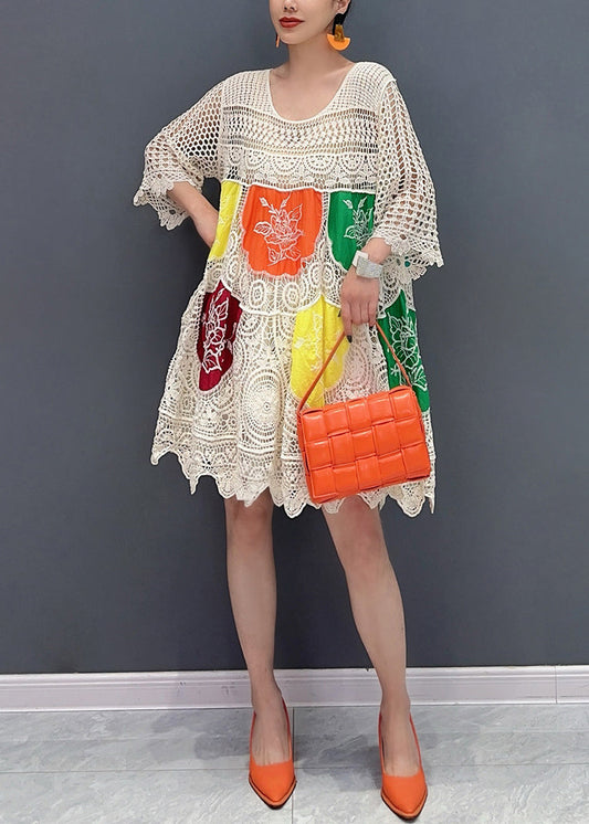 Style White Print Hollow Out Knit Mid Dress Flare Sleeve