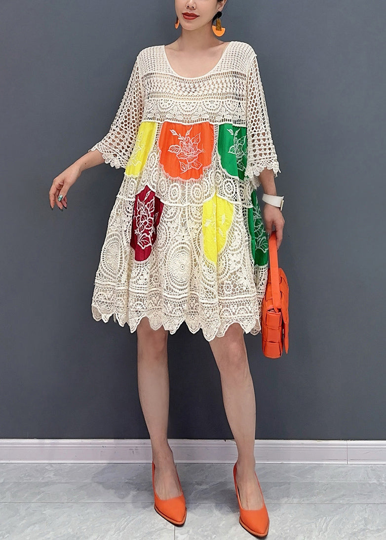 Style White Print Hollow Out Knit Mid Dress Flare Sleeve