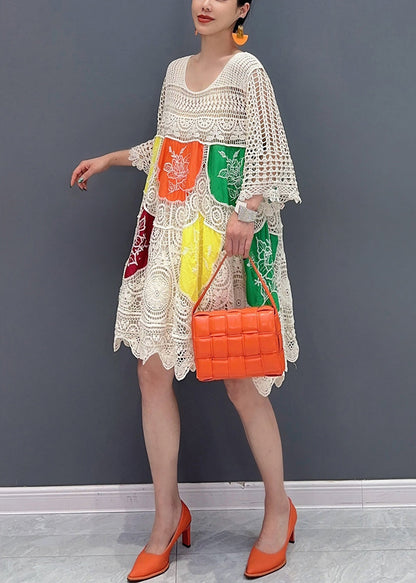 Style White Print Hollow Out Knit Mid Dress Flare Sleeve