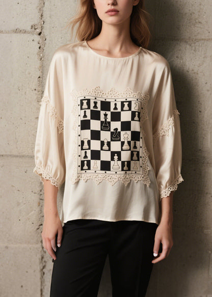 Style White Print Lace Patchwork Silk Top Bracelet Sleeve