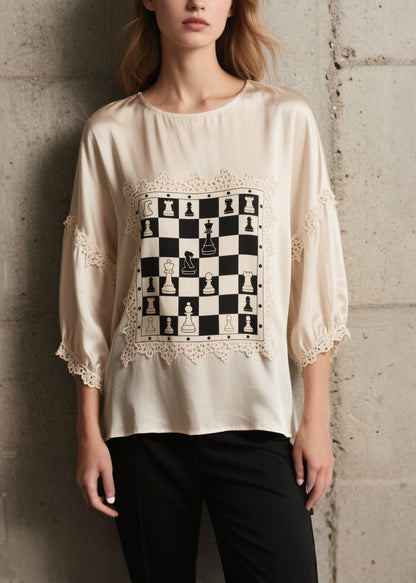 Style White Print Lace Patchwork Silk Top Bracelet Sleeve