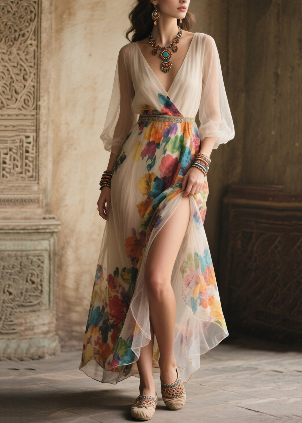 Style White Print Side Open Tulle Long Dresses Summer